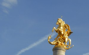 St George killing a dragon on top of his column in Liberty Square, formerly Lenin Square in Tbilisi.